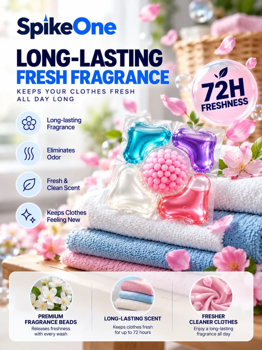 Poster: long-lasting fresh fragrance, 72H freshness. Fragrance beads keep clothes fresh for up to 72 hours.