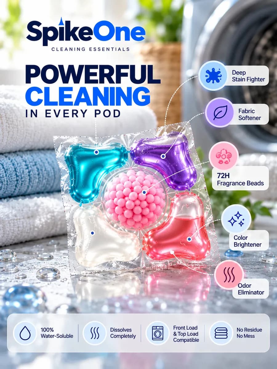 Poster: powerful cleaning in every pod. Deep stain fighter, fabric softener, 72H fragrance beads, colour brightener and odour eliminator. Water-soluble, dissolves completely, no residue.