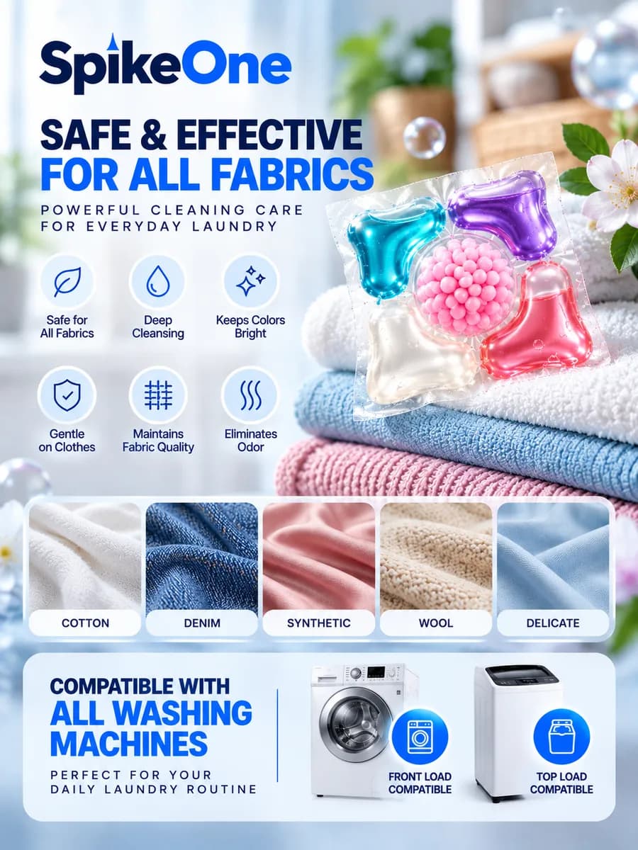 Poster: safe and effective care for every fabric: cotton, denim, synthetic, wool and delicates. For front-load and top-load machines.