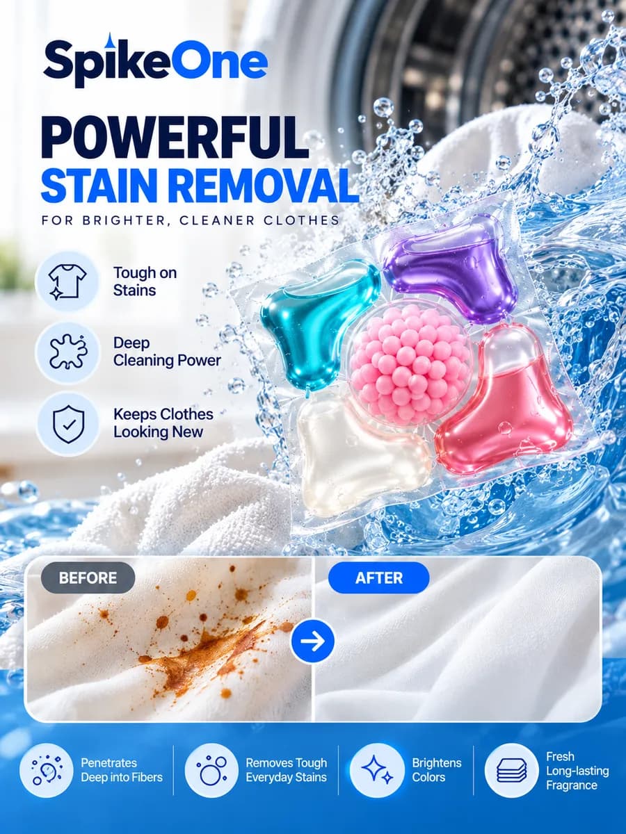 Poster: powerful stain removal for brighter, cleaner clothes. Tough on stains, deep cleaning power. A stained white cloth before, and clean after.