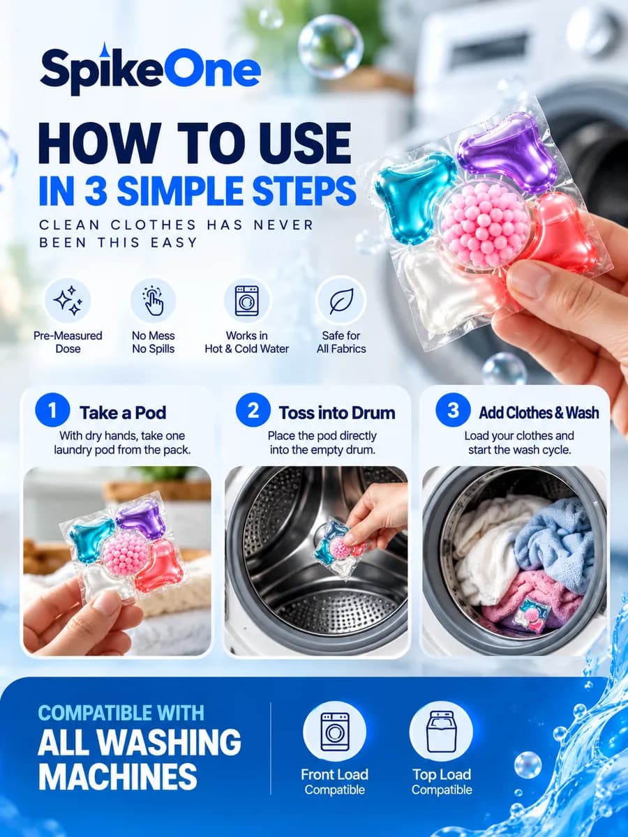 How to use in 3 simple steps: 1, take a pod with dry hands. 2, toss it straight into the empty drum. 3, add clothes and start the wash. Works in front-load and top-load machines.